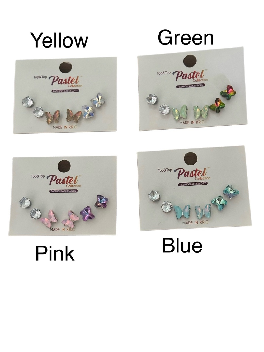 Pastel Butterfly Crystal Earring Set - Yellow, Green, Pink, Blue